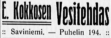 E. Kokkosen vesitehdas 17.1 1911